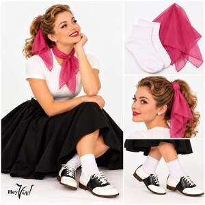 50s Style Bobby Socks & Rose Pink Chiffon Scarf Set Rockabilly Retro - Hey Viv